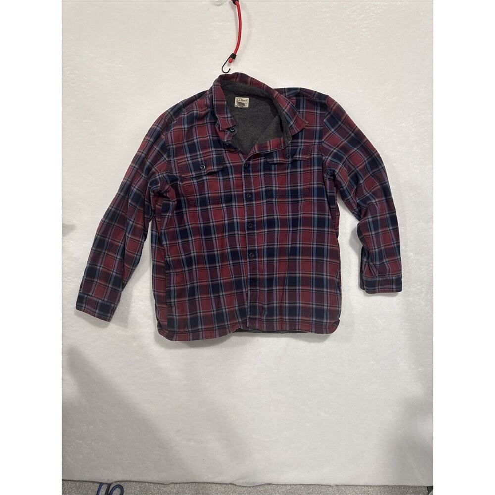 LL Bean Shacket Men's XL Fleece Lined Flannel Shirt Red Blue Plaid Warm Pockets